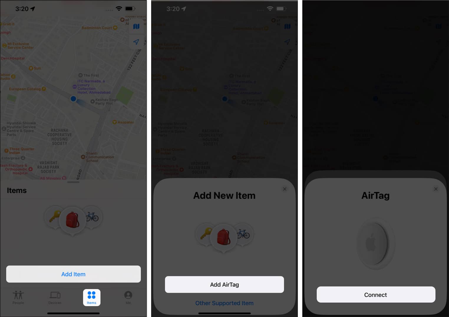 Tap Items, Add Items, Add AirTag, Connect in Find My