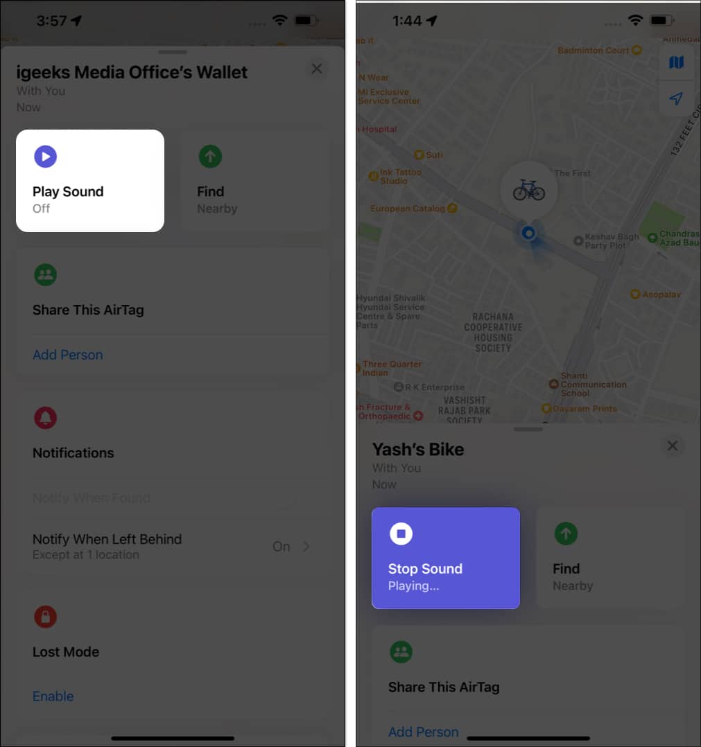 Tap Play Sound, Stop Playing sound in Find My
