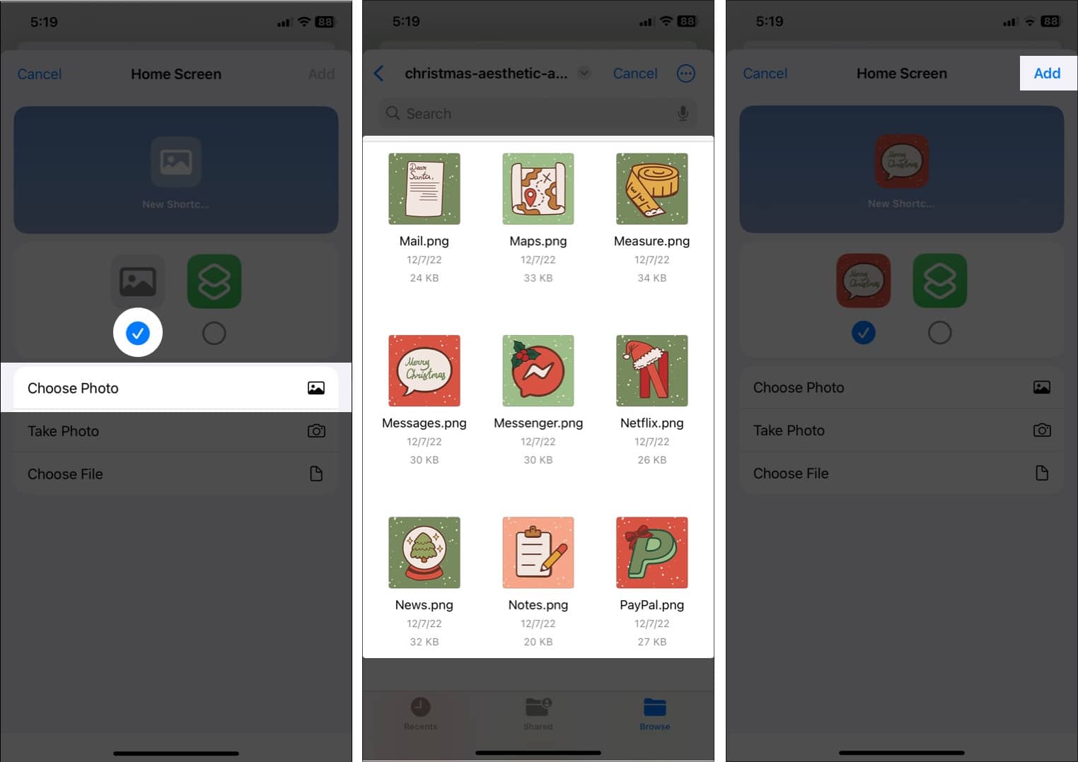 Tap checkmark choose file select app icon and tap Add