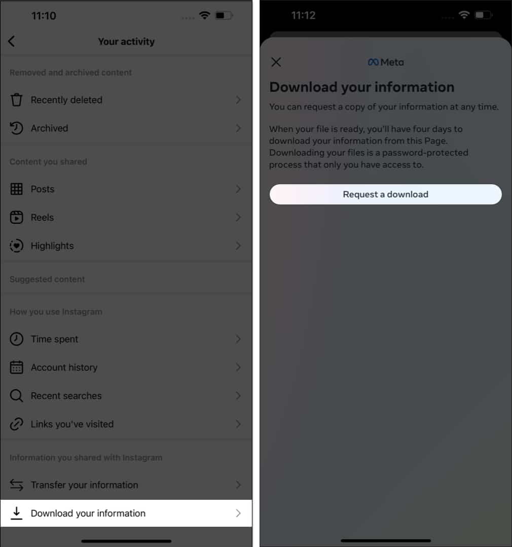 Tap download your information request a download in instagram