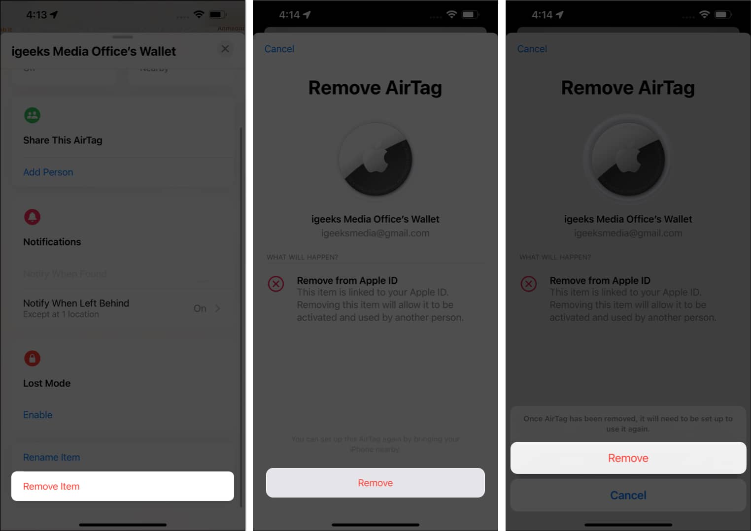 Tap remove item, remove, remove in Find My