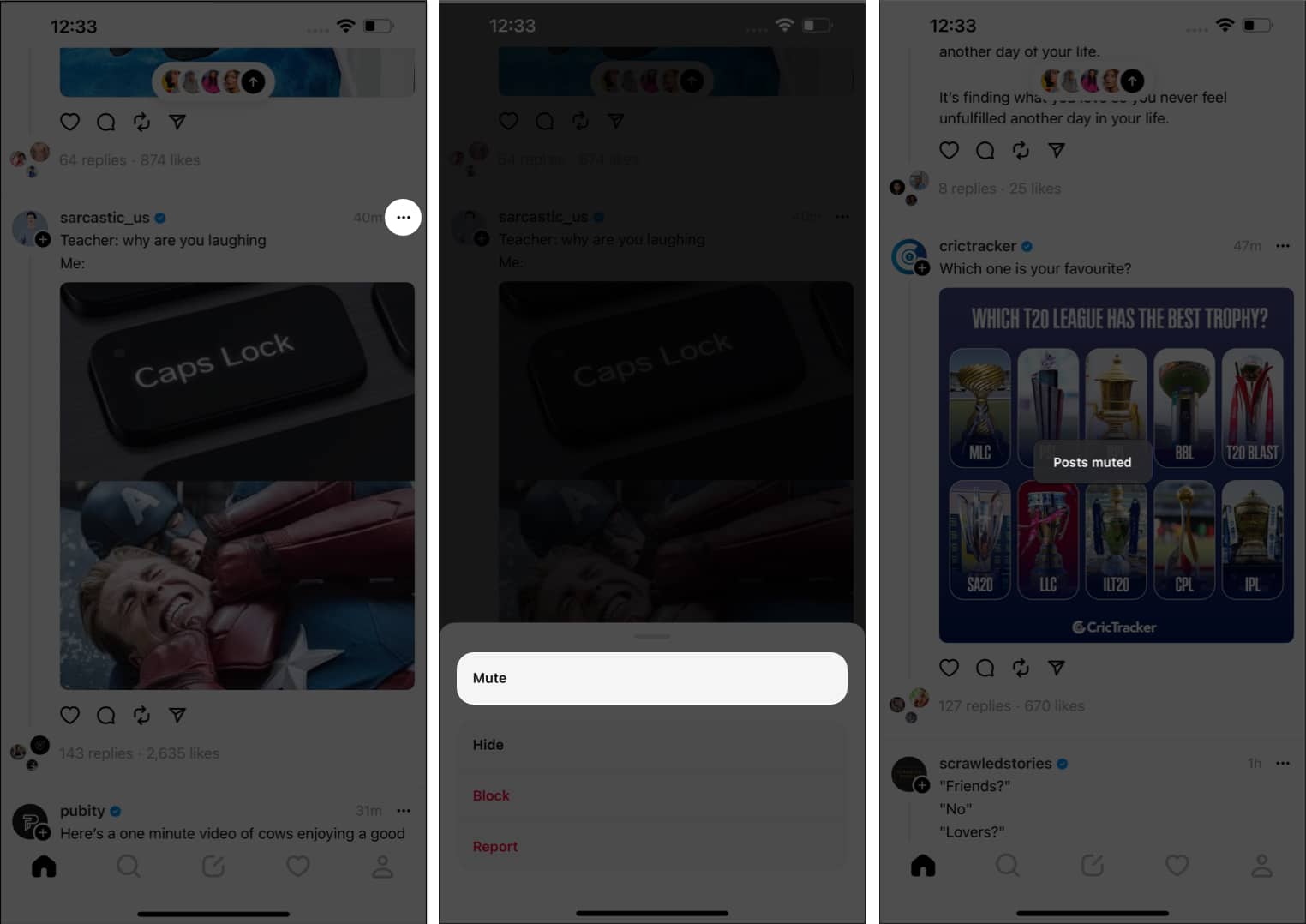 Tap the three-dot icon, mute, posts muted in threads