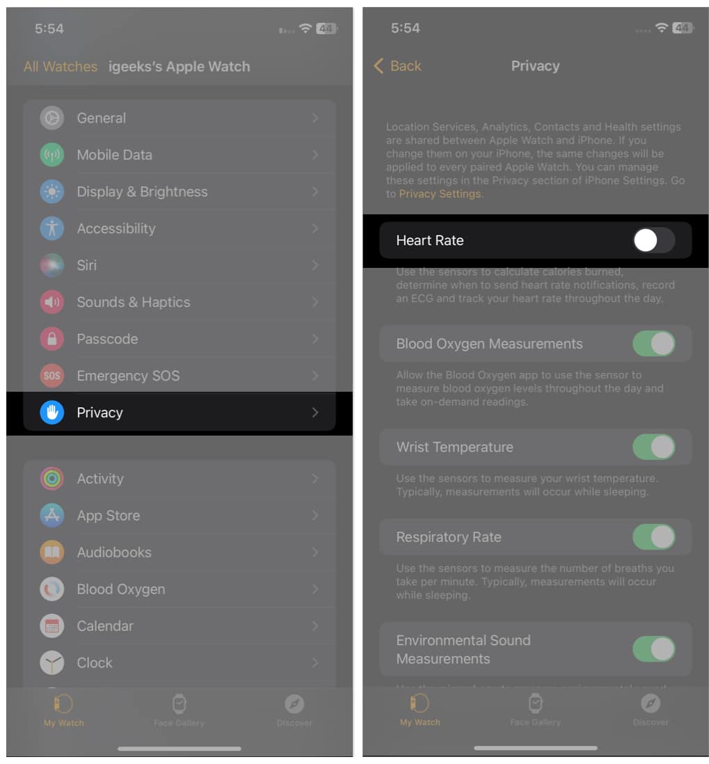Toggle off Heart Rate in Watch App on iPhone