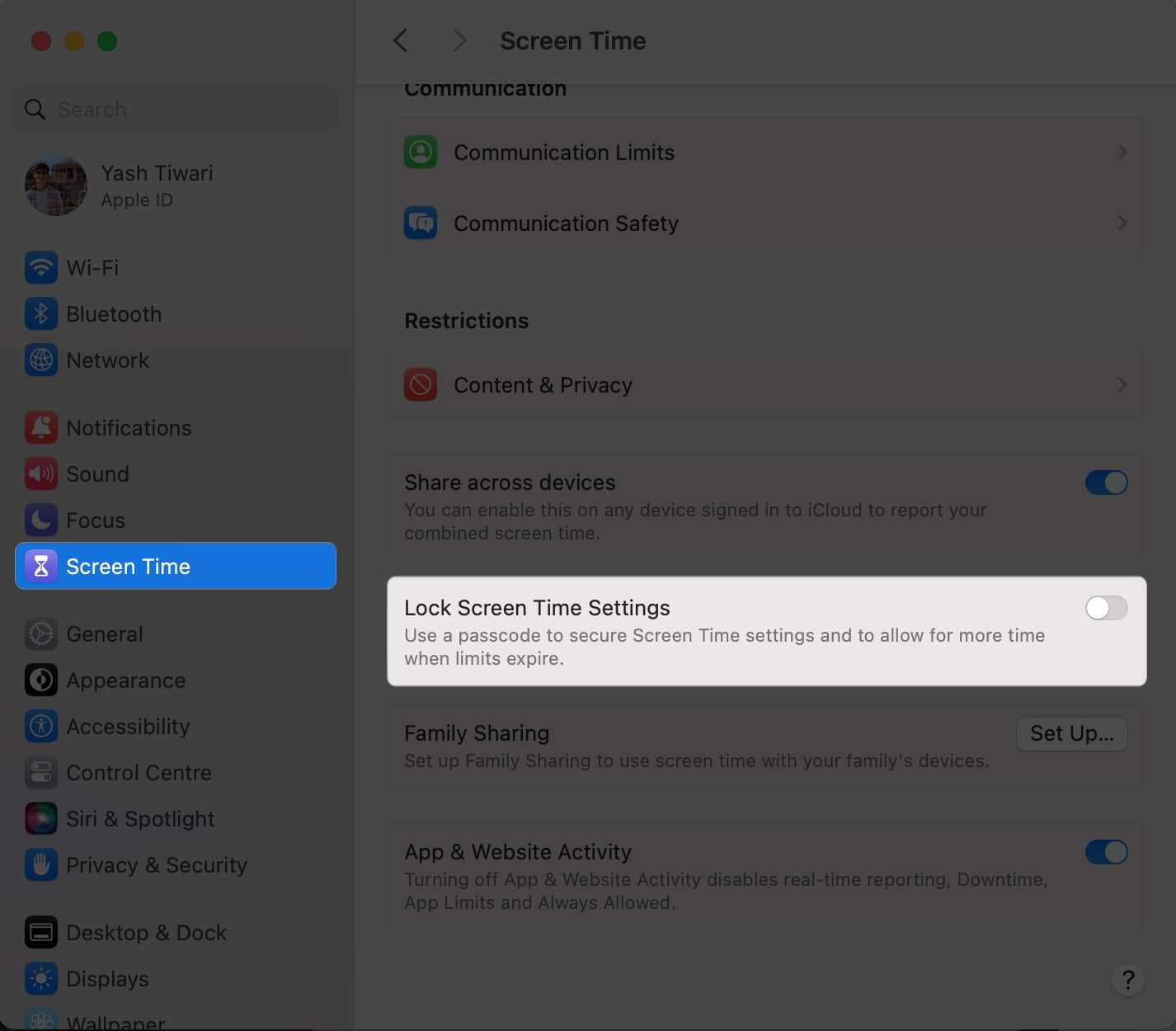 Toggle on Lock Screen Time Settings in Screen Time