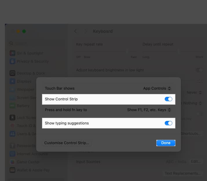 Toggle on control strip, Done