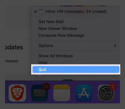 Using keyboard shortcut, from dock, right-click on the app icon, select Quit