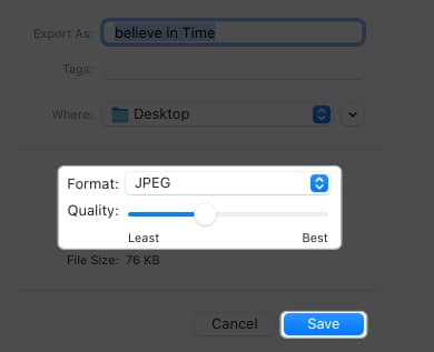 select format as JPEG, adjust quality, click ok in image export