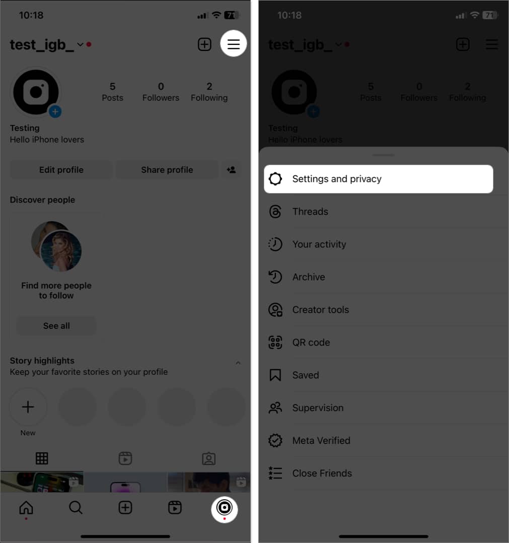 tap profile photo, tap three line icon, settings and privacy in instagram
