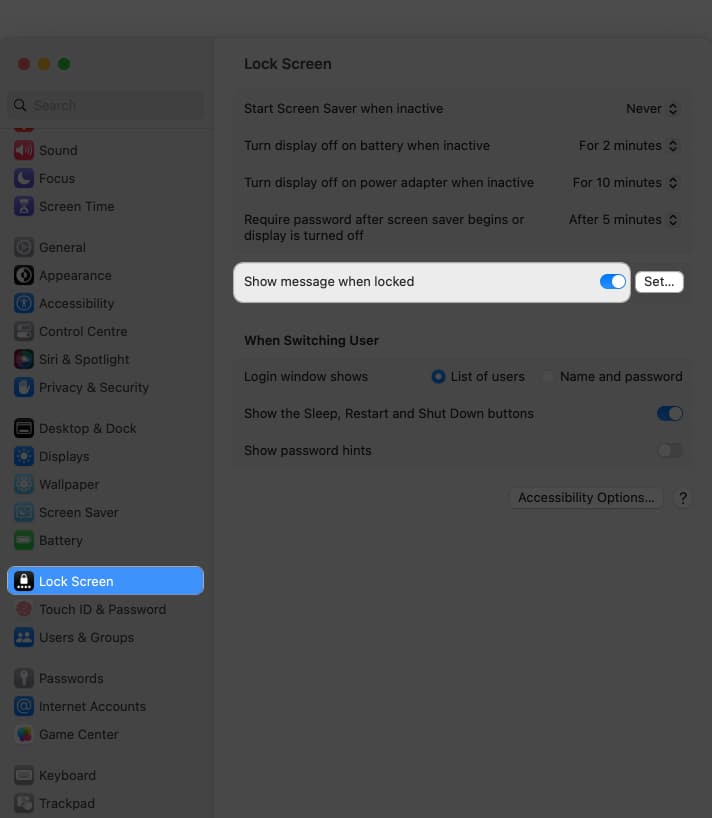 Access-Lock-Screen-toggle-on-Show-message-when-locked-click-set-in-settings