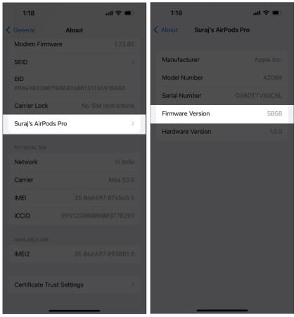 Check AirPods Pro firmware on iPhone
