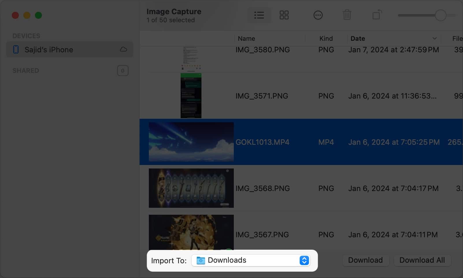 Choose where to download in ImageCapture app
