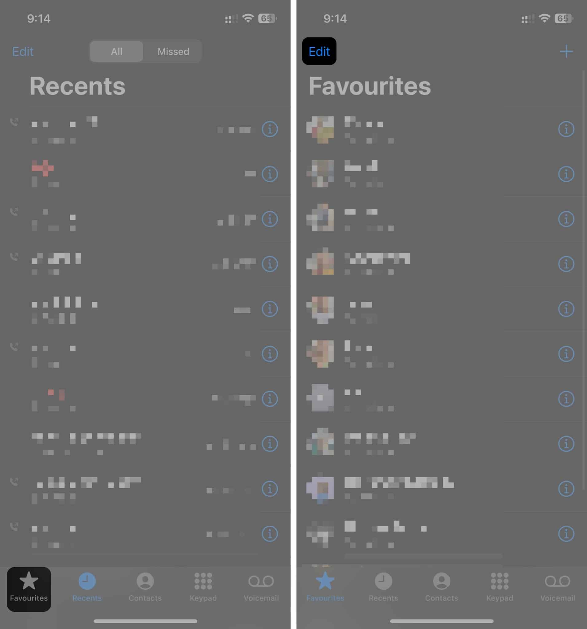 Edit button in the Favorites tab in the Phone app