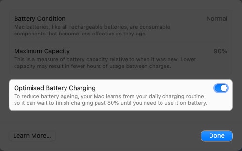 Enable Optimized Battery Charging, Done