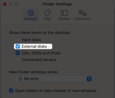 Ensure external disks are turned on in finder