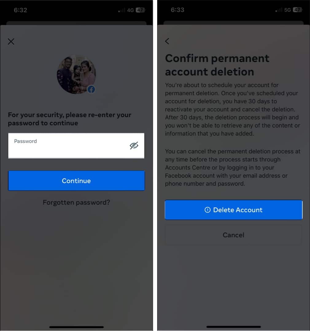 Enter password press continue delet account in facebook