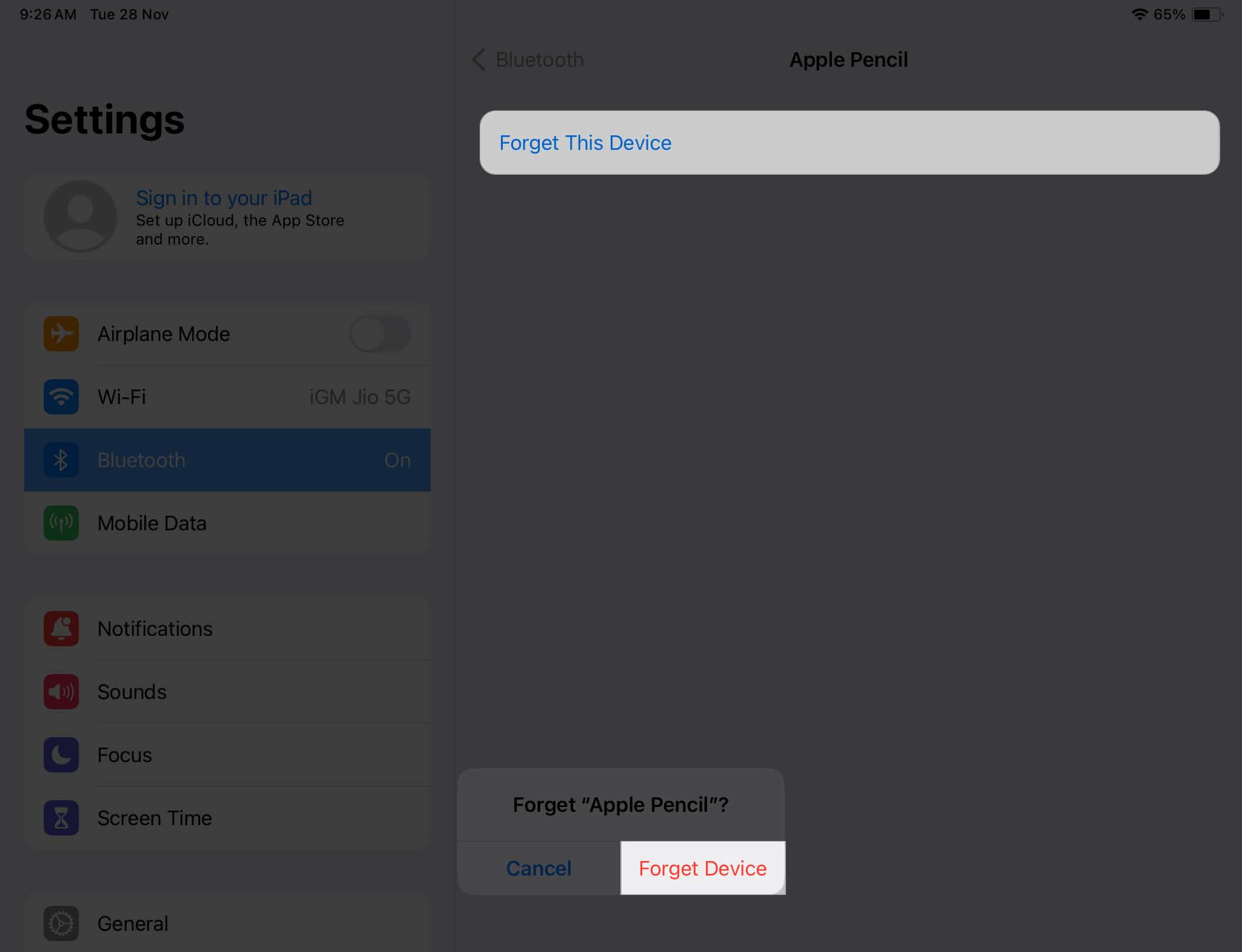 Forget this device Forget Device in Apple Pencil settings
