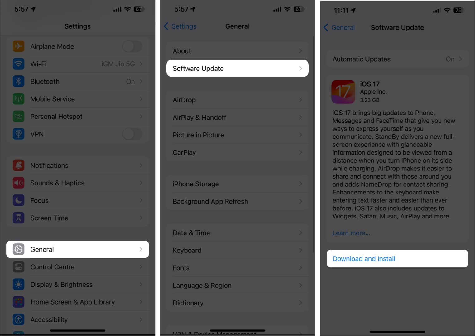 General Software Update Download and Install iOS17