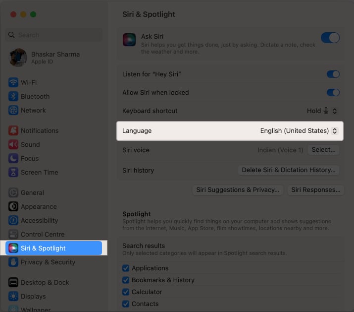 Go to System Settings, Siri & Spotlight, and click Language