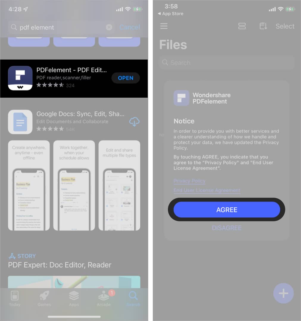 Install PDF Element and Tap Agree on iPhone