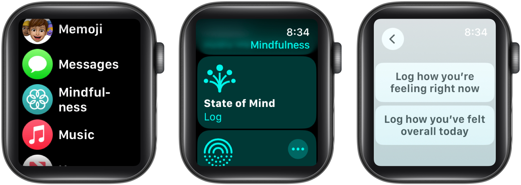 Open Mindfulness app, Select State of Mind, and choose log how you’re feeling right now (emotion) or how you’ve felt overall today (mood)