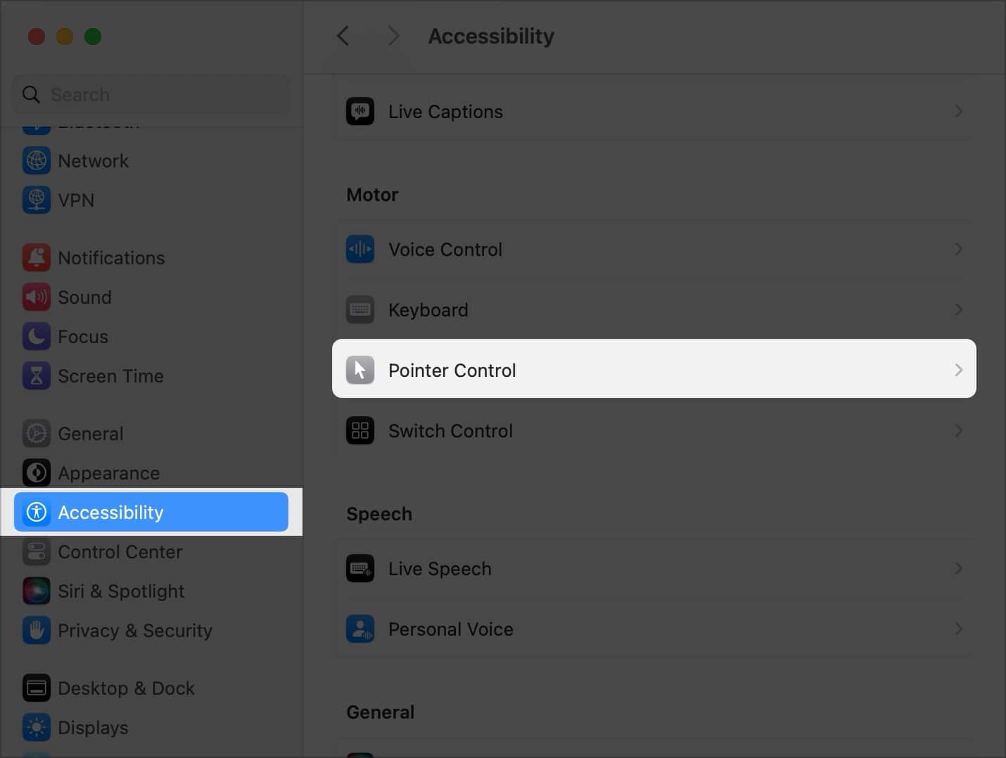 Pointer Control under Accessibility in System Settings