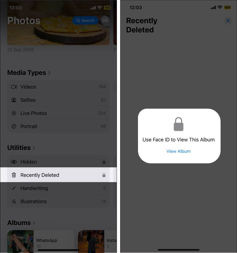 Select Recently Deleted in Utilities in iPhone Photos app