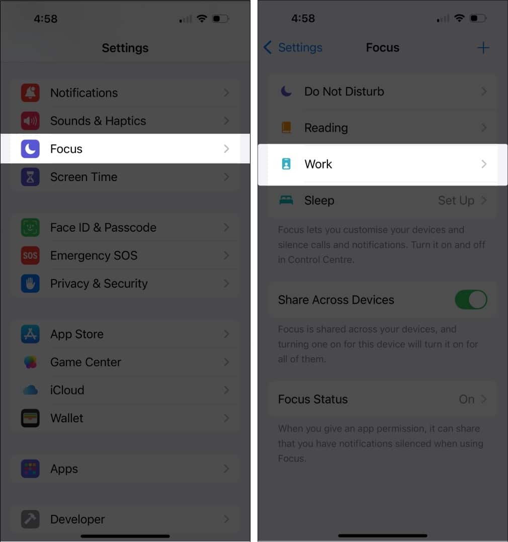 Select Work in Focus Settings on iPhone