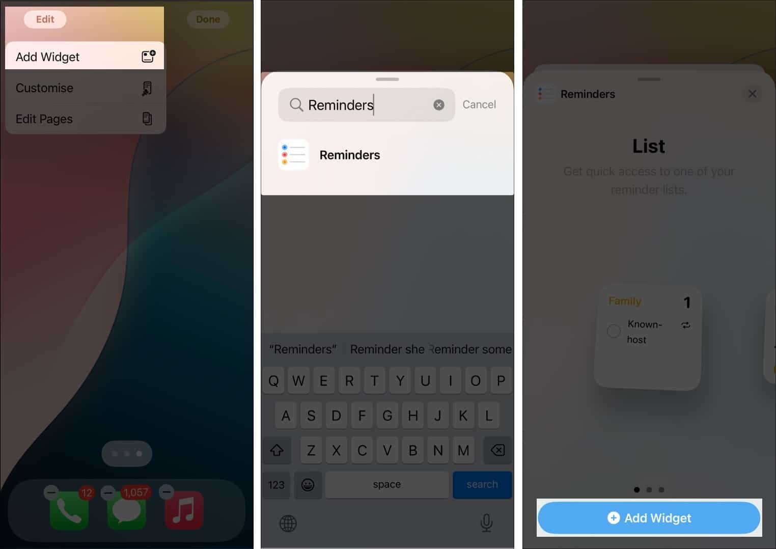 Tap Edit Add Widgets and Select Reminders and Add Widget on iPhone