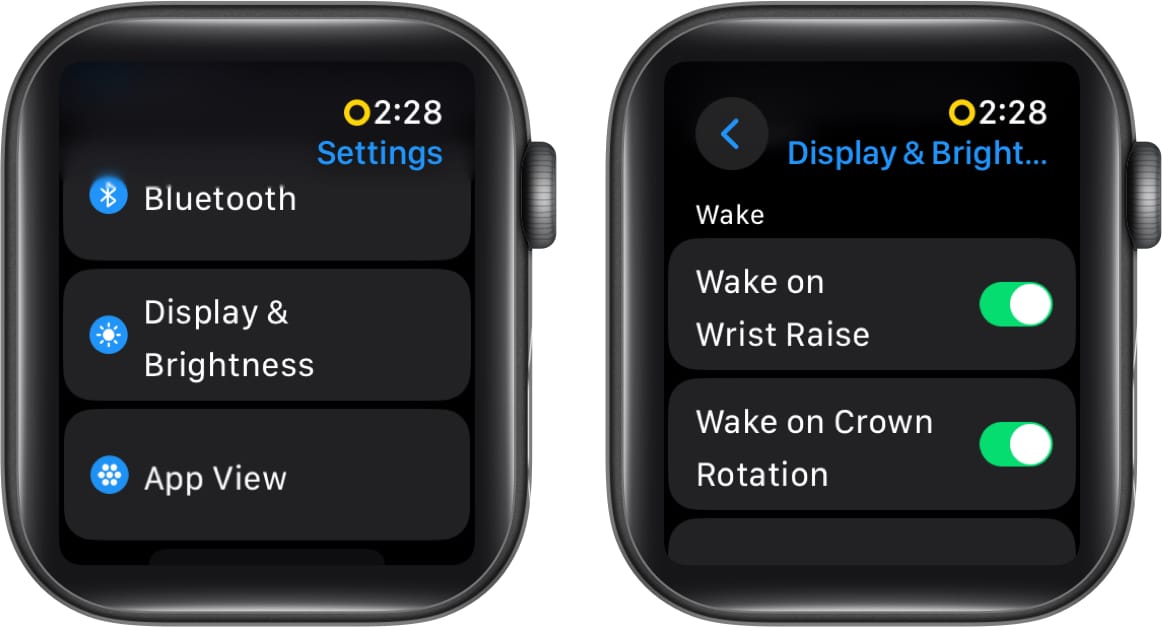 Tap display & brightness, toggle on Wake on Wrist Raise