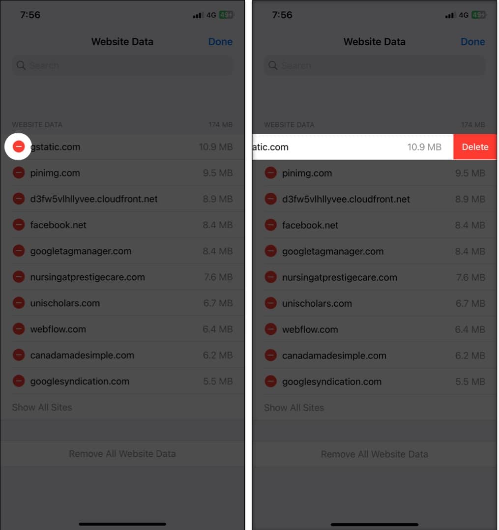 Tap the minus icon next to the site select Delete