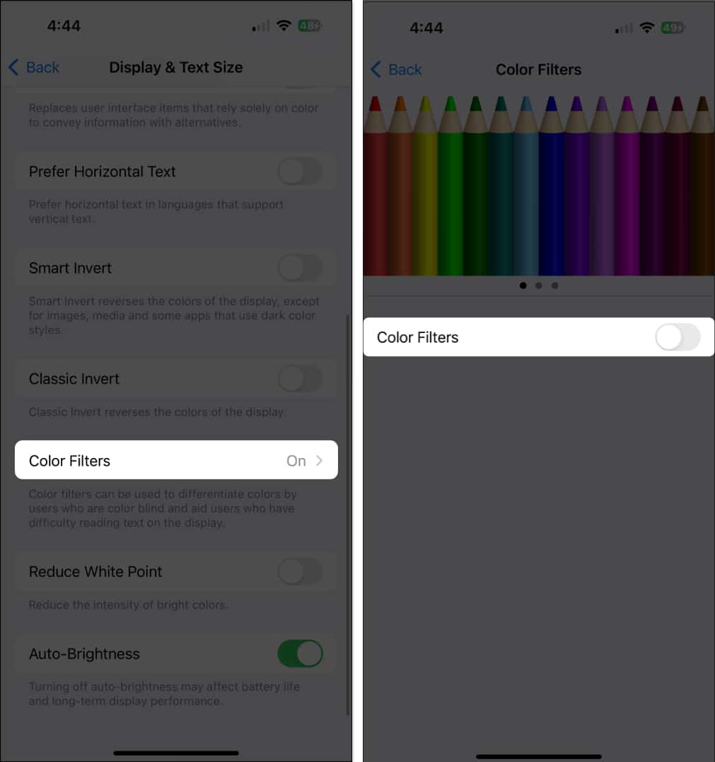 Toggle off color filters on iPhone