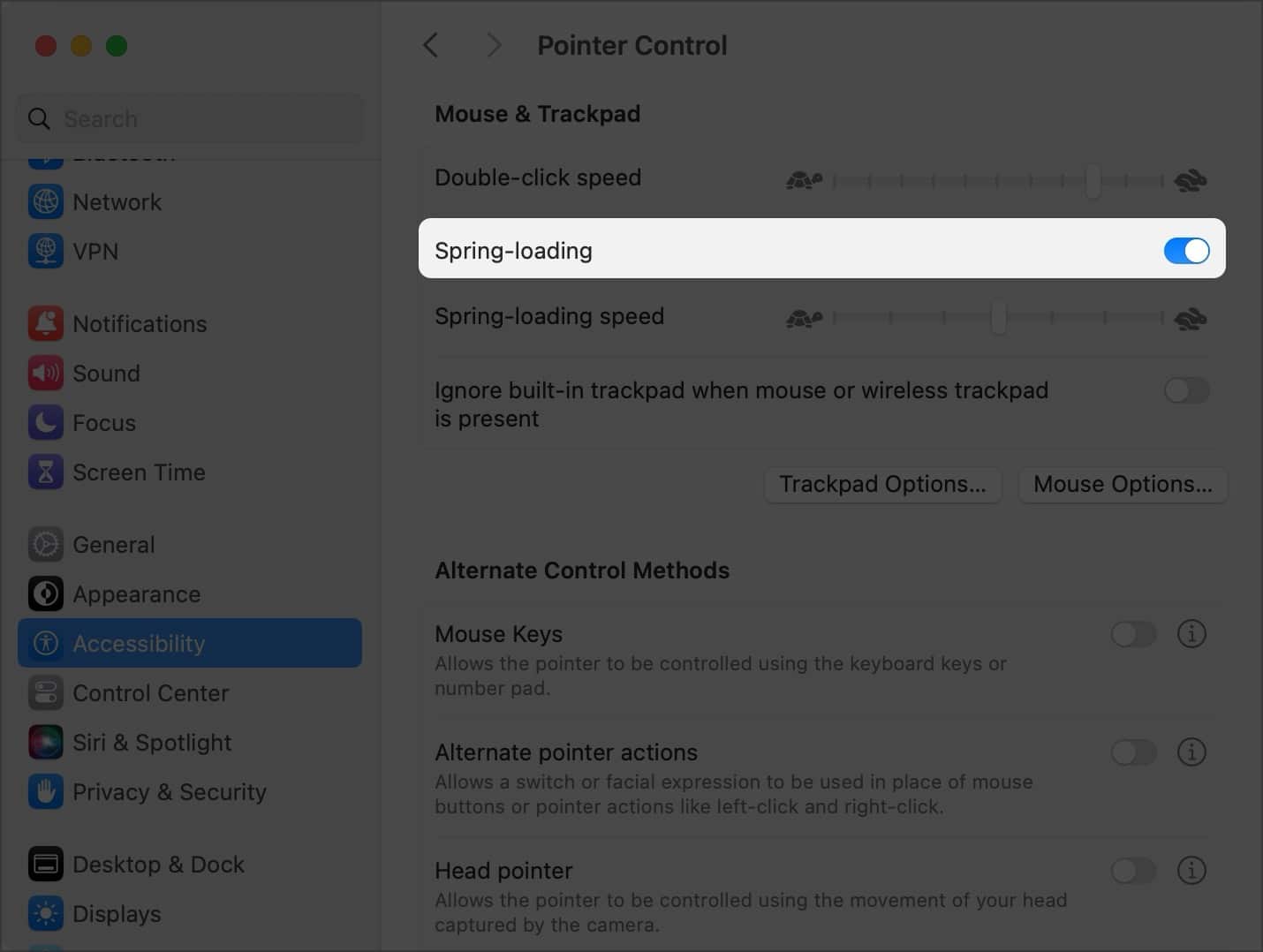 Toggle on Spring Loading in System Settings