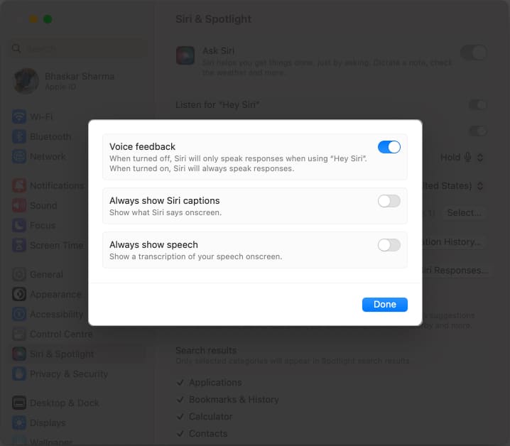 Toggle on Voice feedback, Always show Siri captions, or Always show speech and click Done