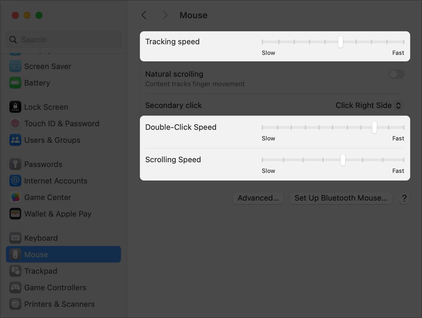 Tracking Scrolling and Double-click speeds in Mouse settings