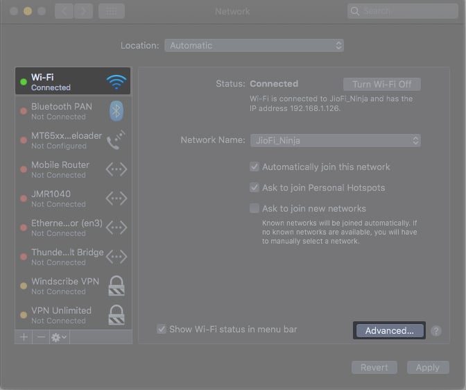 click on Advance from Mac's Wifi Settings
