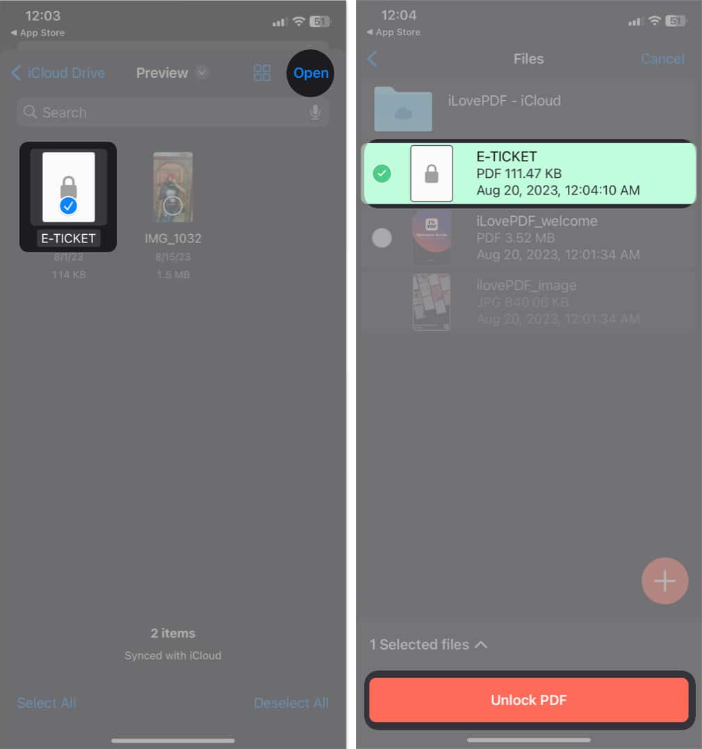 select pdf, tap open, select pdf, tap unlock pdf in ilovepdf