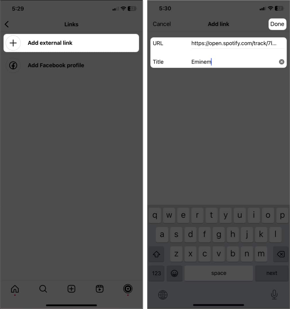 tap add external link, paste music link, tap done in instagram