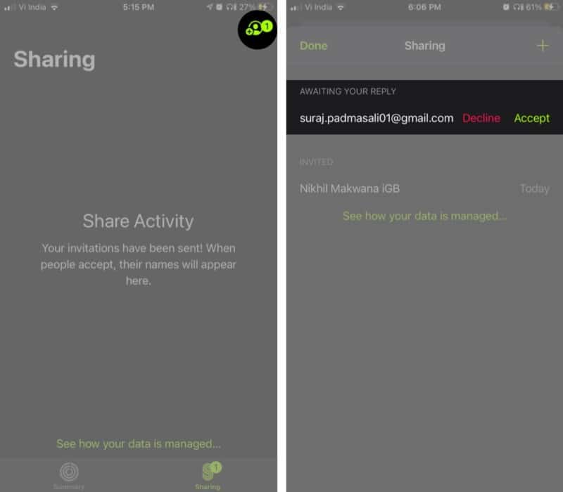 Accept activity Sharing invite from iPhone