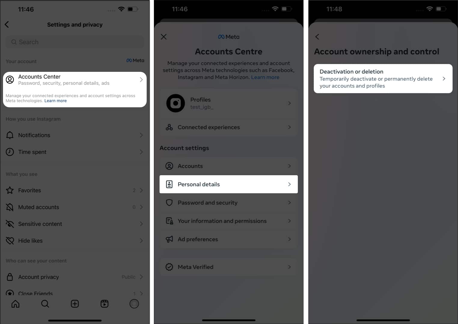 Access Account centre, personal details, deactivation or deletion in Instagram