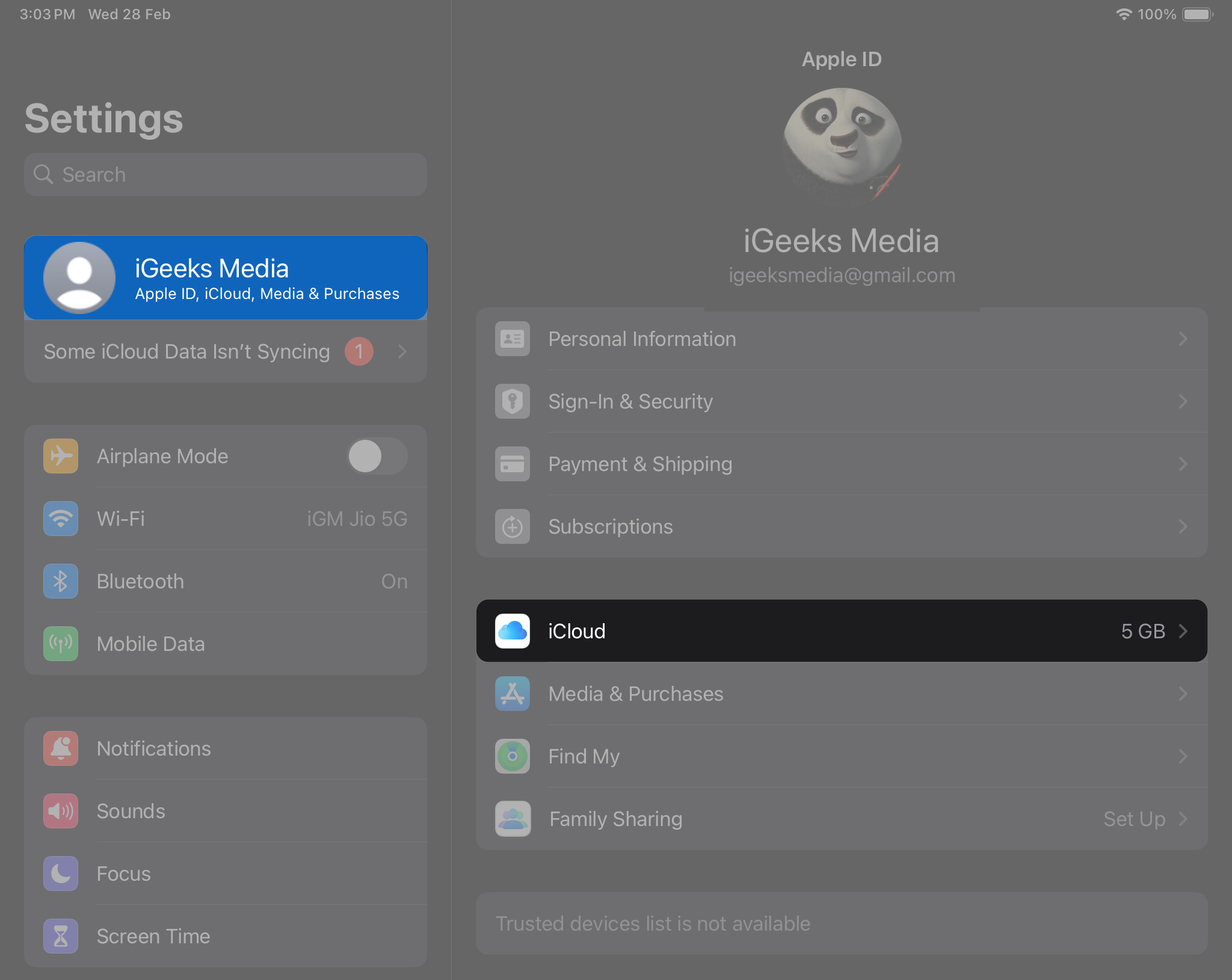 Go to Settings, iCloud menu on iPad