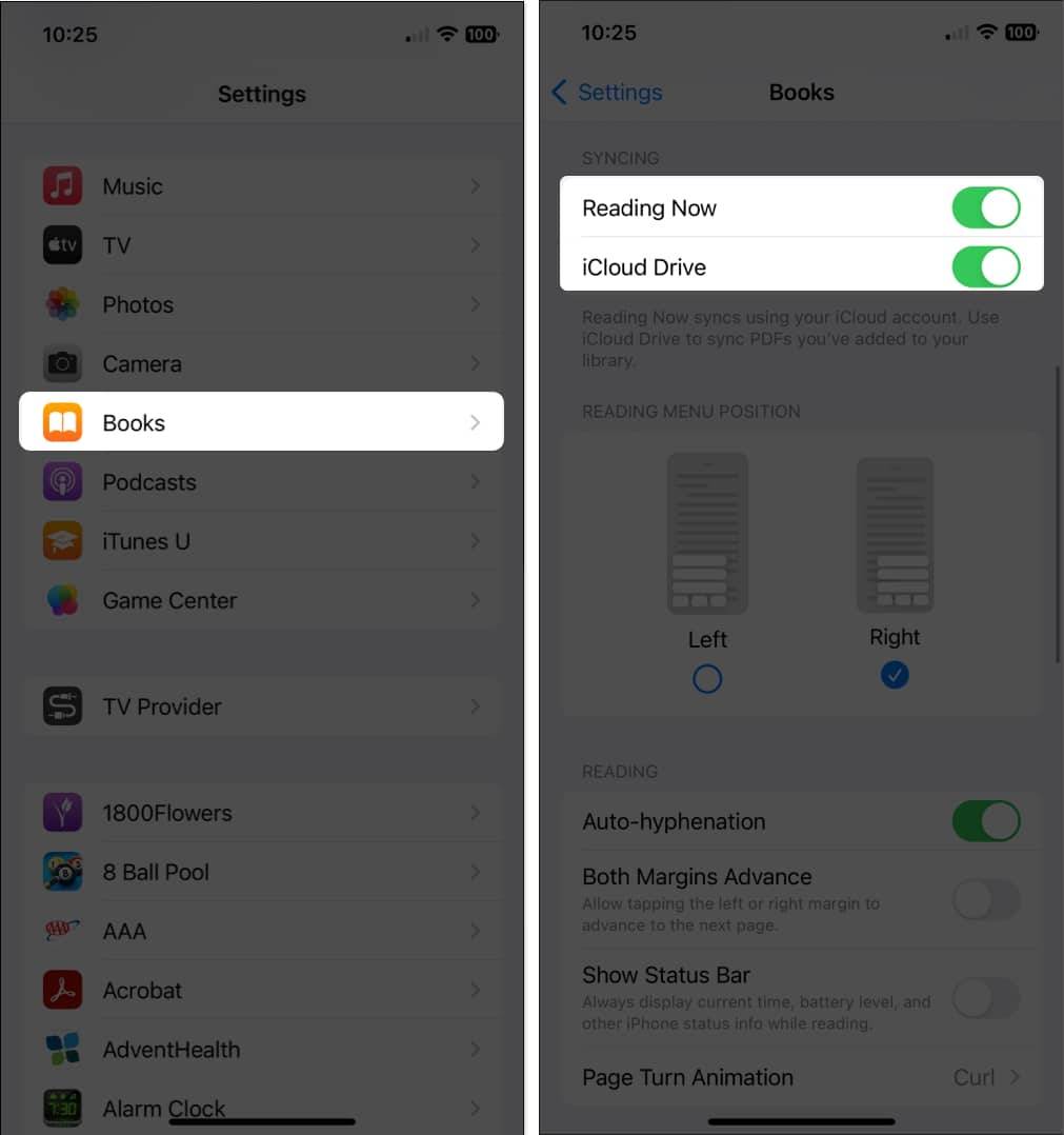 Choose Books and toggle on Reading Now and iCloud Drive