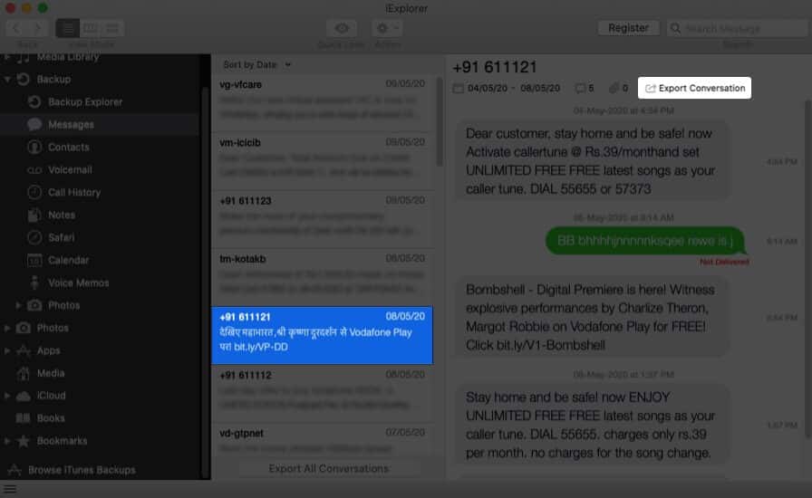 Choose Message and Click on Export Conversations on Mac