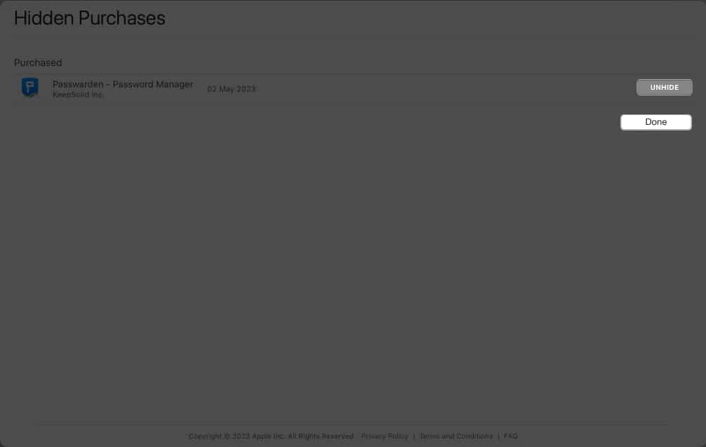 Click Unhide Done in App Store
