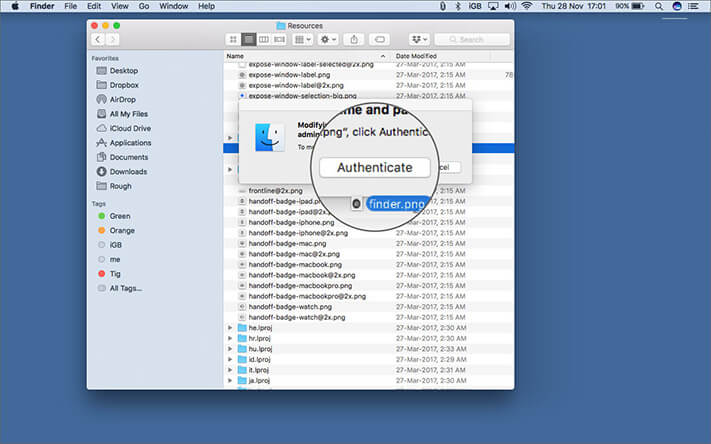 Click on Authenticate to move PNG image in Resources folder on mac