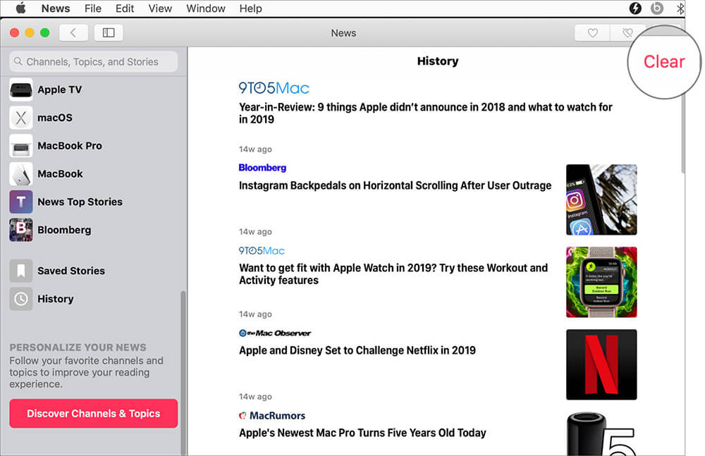 Click on Clear in Mac Apple News App