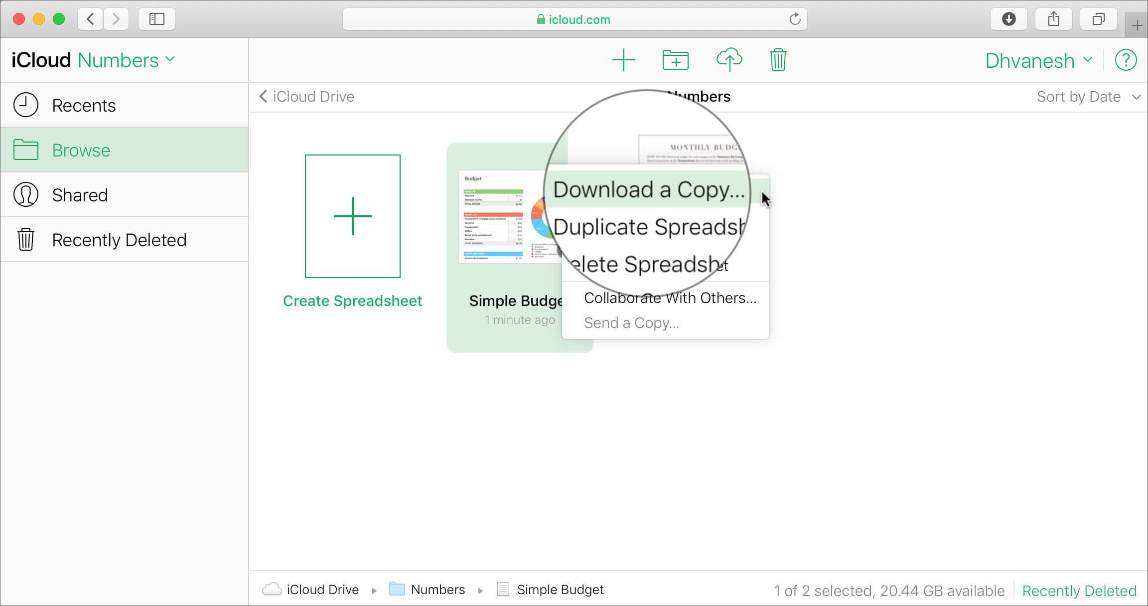 Click on Download a copy to Export iWork Document from iCloud