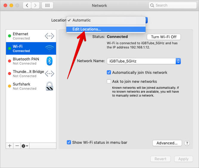 Click on Edit Locations in Mac Wi-Fi Settings