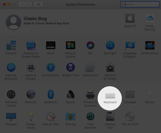Click on Keyboard in Mac System Preferences