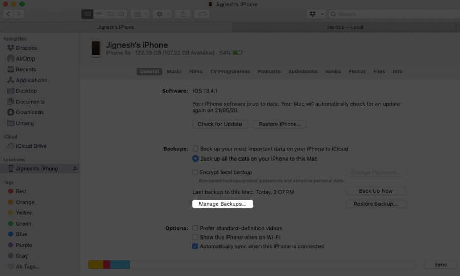 Click on Manage Backups on Mac