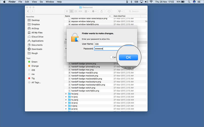 Click on OK by enter your password to change Finder on Mac
